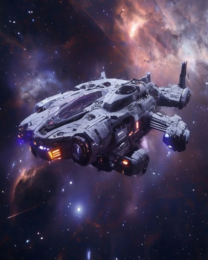 A GalaxyUlu strike vessel cutting through the neon haze