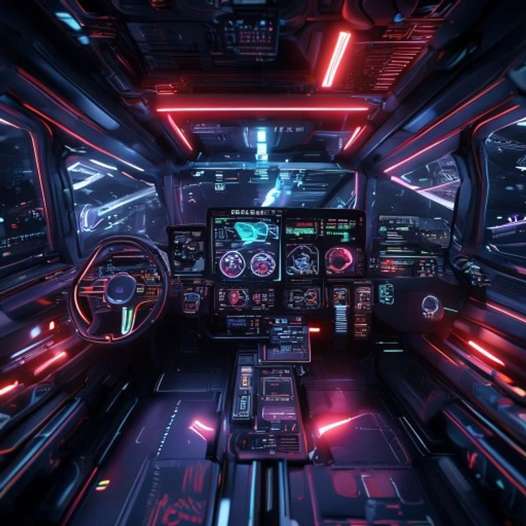 Inside a GalaxyUlu starship cockpit, lit by holographic displays